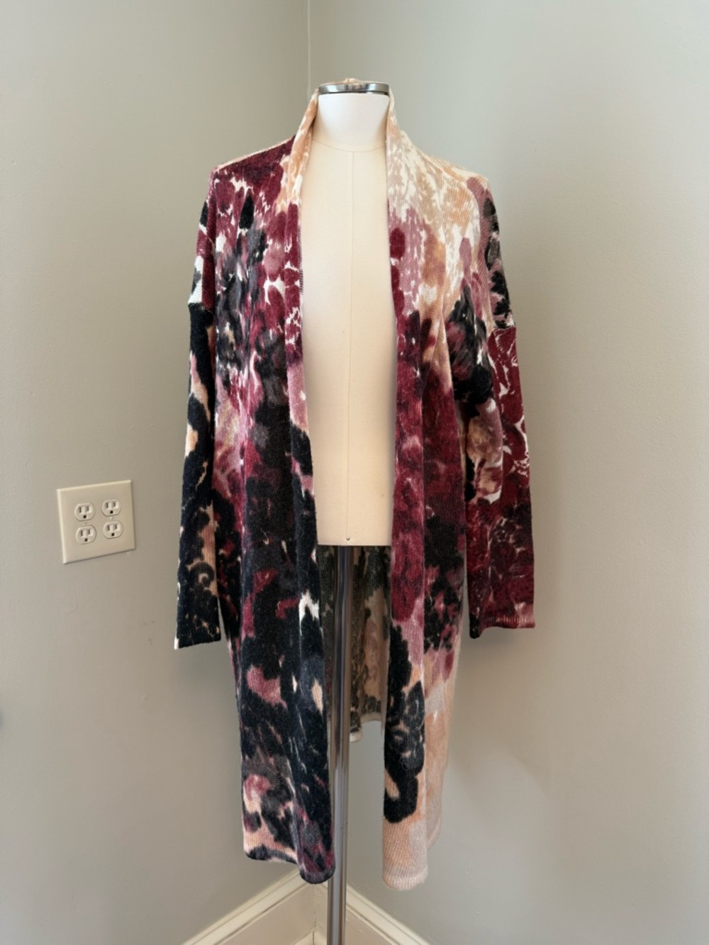 Chico's Open-Front Long Cardigan in Burgundy, Black & Cream Floral